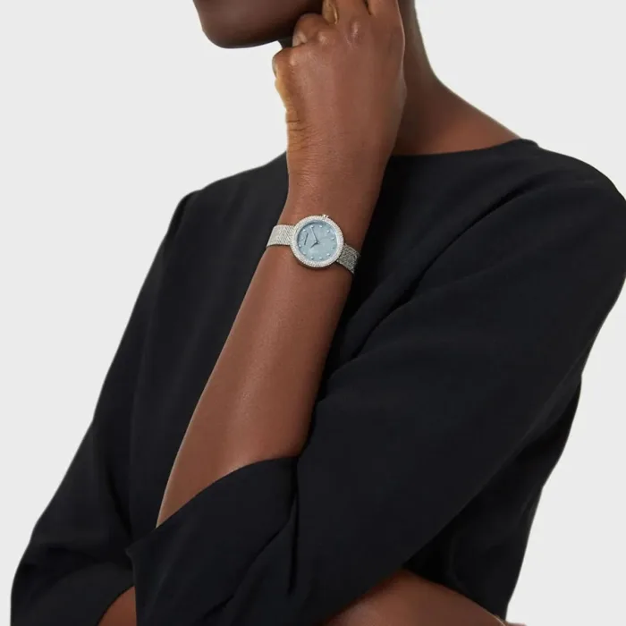 Emporio Armani Rosa Diamonds Mother of Pearl Blue Dial Silver Mesh Bracelet Watch For Women - AR11380 - Image 7